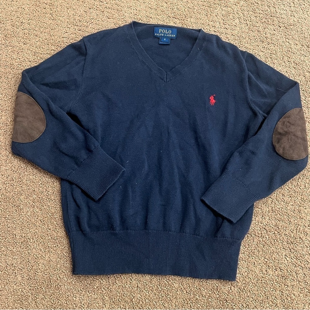 Polo by Ralph Lauren Boys Navy V-Neck Sweater Size 6 Suede Elbow